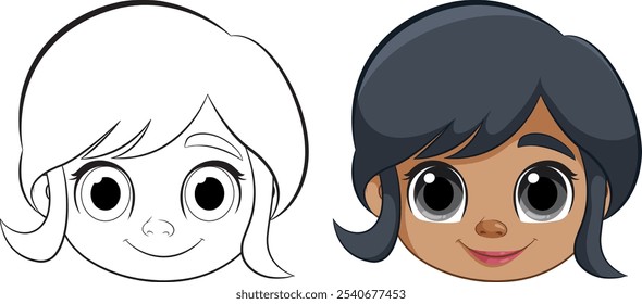 Outlined and colored versions of a girl's face