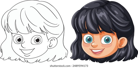 Versiones delineadas y coloreadas de una niña sonriente