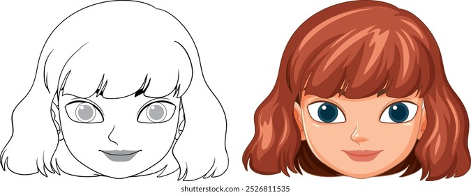 Versiones delineadas y coloreadas de la cara de una mujer