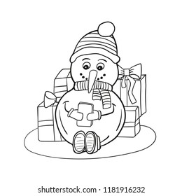 Outlined coloring funny snowman. Coloring book page for children - snowman with mobile phone in hands