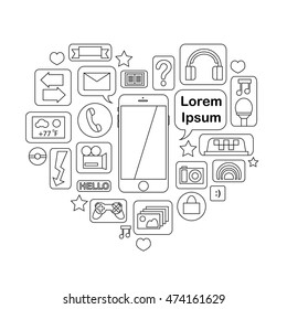 Outlined communication icon: smartphone, connection, application. Vector illustration for coloring. Heart shape phone with function pictogram: email, call, earphones, photo camera, game, karaoke