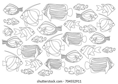 Outlined coral fishes horizontal coloring page. Tropical fish coloring card. Marine life coloring book. Black and white coral fishes for coloring. Sea animals drawing. Aquarium fish clipart set