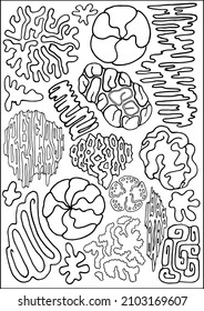 Outlined coral shaped texture in black and white. Coral reef isolated elements in black and white. Vector illustration.