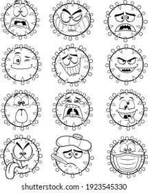 Outlined Coronavirus (COVID-19) Cartoon Emoji Characters of Pathogenic Bacteria. Vector Collection Set Isolated On Transparent Background