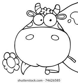 Outlined Cow Head Cartoon Character Carrying A Flower In Its Mouth