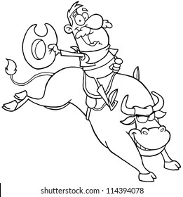 Outlined Cowboy Riding Bull In Rodeo. Vector Illustration