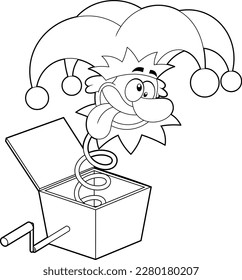 Outlined Crazy Jolly Jester Cartoon Character Exit From Surprise Box Vector Hand Drawn Illustration Isolated On Transparent Background