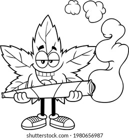 Outlined Crazy Marijuana Leaf Cartoon Character Holding A Big Joint. Vector Hand Drawn Illustration Isolated On Transparent Background