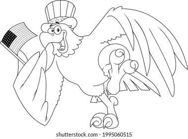 Outlined Crazy Patriotic Eagle Cartoon Character Wearing A USA Hat And Waving An American Flag. Vector Hand Drawn Illustration Isolated On Transparent Background