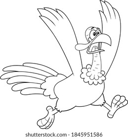 Outlined Crazy Turkey Cartoon Character Running. Vector Illustration Isolated On White Background