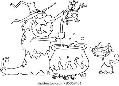 Outlined Crazy Witch With Black Cat Holding A Frog And Preparing A Potion