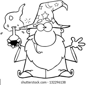 Outlined Crazy Wizard Holding A Magic Potion