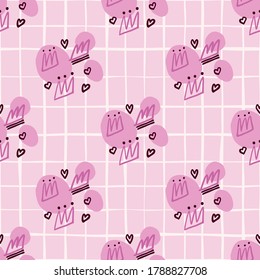 Outlined crown ornament seamless doodle pattern. Simple design with pink chequered background and purple spots. Perfect for wallpaper, wrapping paper, textile print, fabric. Vector illustration.