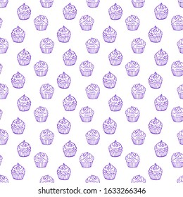 Outlined cupcakes on white background. Seamless vector pattern. Food, desserts and sweet theme.