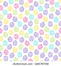 Outlined cupcakes on white background. Seamless vector pattern. Food, desserts and sweet theme.