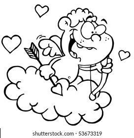 Outlined Cupid In A Cloud With Hearts, A Bow And Arrow