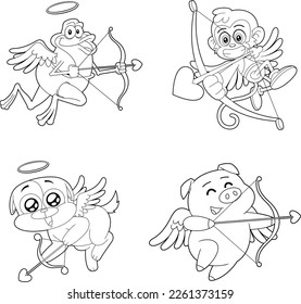 Outlined Cute Animals Cupid Cartoon Characters. Vector Hand Drawn Collection Set Isolated On Transparent Background