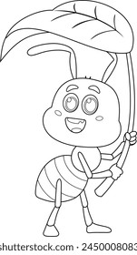 Outlined Cute Ant Cartoon Character Holding A Big Leaf. Vector Hand Drawn Illustration Isolated On Transparent Background