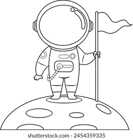 Outlined Cute Astronaut Cartoon Character Standing On A Planet And Holding Flag. Vector Hand Drawn Illustration Isolated On Transparent Background