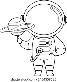 Outlined Cute Astronaut Cartoon Character Holding Saturn Planet. Vector Hand Drawn Illustration Isolated On Transparent Background