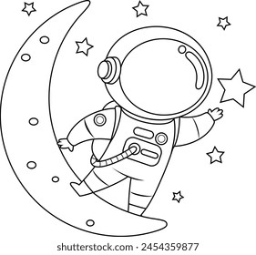 Outlined Cute Astronaut Cartoon Character Standing On A Moon And Waving. Vector Hand Drawn Illustration Isolated On Transparent Background