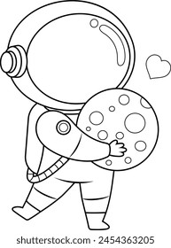 Outlined Cute Astronaut Cartoon Character Holding Planet With Love. Vector Hand Drawn Illustration Isolated On Transparent Background