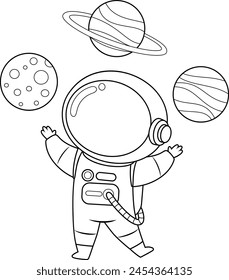 Outlined Cute Astronaut Cartoon Character Juggling With Planets. Vector Hand Drawn Illustration Isolated On Transparent Background