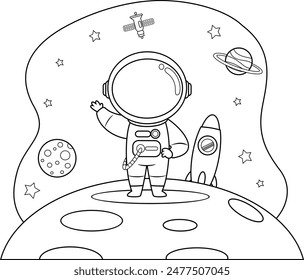 Outlined Cute Astronaut Cartoon Character Waving For Greeting. Vector Hand Drawn Illustration Isolated With Background