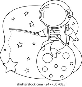 Outlined Cute Astronaut Cartoon Character On Planet With Fishing Rod. Vector Hand Drawn Illustration Isolated With Background