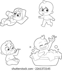 Outlined Cute Babies Cartoon Character. Vector Hand Drawn Collection Set Isolated On Transparent Background