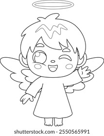 Outlined Cute Baby Angel Boy Cartoon Character Waving For Greetings. Vector Hand Drawn Illustration Isolated On Transparent Background