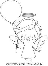 Outlined Cute Baby Angel Boy Cartoon Character Holding Up A Balloon. Vector Hand Drawn Illustration Isolated On Transparent Background
