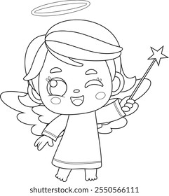 Outlined Cute Baby Angel Girl Cartoon Character Holding Magic Wand. Vector Hand Drawn Illustration Isolated On Transparent Background