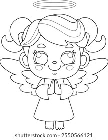 Outlined Cute Baby Angel Girl Cartoon Character Praying. Vector Hand Drawn Illustration Isolated On Transparent Background