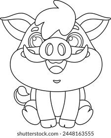 Outlined Cute Baby Boar Animal Cartoon Character. Vector Hand Drawn Illustration Isolated On Transparent Background