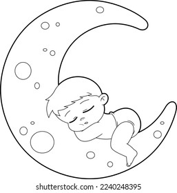 Outlined Cute Baby Boy Cartoon Character Sleeps On Moon. Vector Hand Drawn Illustration Isolated On Transparent Background