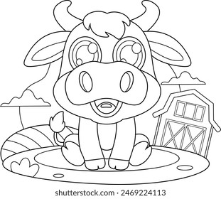 Outlined Cute Baby Bull Animal Cartoon Character. Vector Hand Drawn Illustration Isolated On Transparent Background