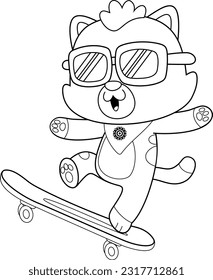 Outlined Cute Baby Cat Cartoon Character Skateboarding. Vector Hand Drawn Illustration Isolated On Transparent Background