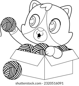 Outlined Cute Baby Cat Cartoon Character Playing With Balls Of Yarn In Carton. Vector Hand Drawn Illustration Isolated On Transparent Background