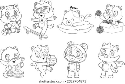Outlined Cute Baby Cats Cartoon Characters. Vector Hand Drawn Collection Set Isolated On Transparent Background
