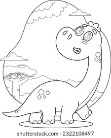 Outlined Cute Baby Dinosaur Cartoon Character Walking. Vector Hand Drawn Illustration Isolated On Transparent Background