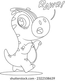 Outlined Cute Baby Dinosaur Cartoon Character Running. Vector Hand Drawn Illustration Isolated On Transparent Background