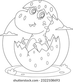 Outlined Cute Baby Dinosaur Cartoon Character Hatching From Egg. Vector Hand Drawn Illustration Isolated On Transparent Background