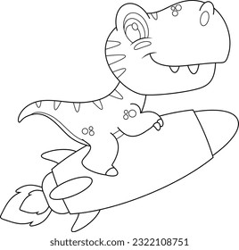 Outlined Cute Baby Dinosaur Cartoon Character Flying On The Rocket. Vector Hand Drawn Illustration Isolated On Transparent Background