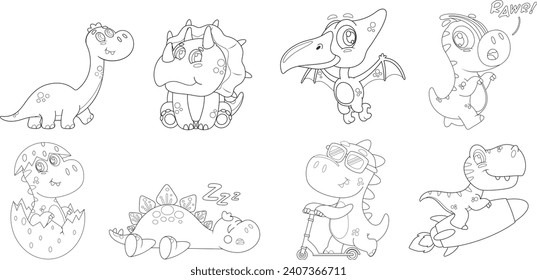 Outlined Cute Baby Dinosaurs Cartoon Characters. Vector Hand Drawn Collection Set Isolated On Transparent Background