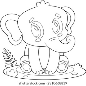 Outlined Cute Baby Elephant Animal Cartoon Character. Vector Hand Drawn Illustration Isolated On Transparent Background