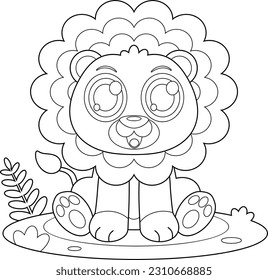 Outlined Cute Baby Lion Animal Cartoon Character. Vector Hand Drawn Illustration Isolated On Transparent Background