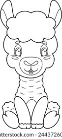 Outlined Cute Baby Llama Cartoon Character. Vector Hand Drawn Illustration Isolated On Transparent Background