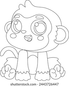 Outlined Cute Baby Monkey Cartoon Character. Vector Hand Drawn Illustration Isolated On Transparent Background
