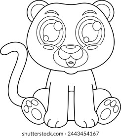 Outlined Cute Baby Panther Cartoon Character. Vector Hand Drawn Illustration Isolated On Transparent Background